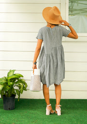 Gray Natural Raw Crinkled Cotton Midi Dress with Pocket