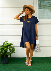 Indigo Blue Raw Natural Cotton Gauze Asymmetrical Maxi Dress