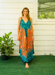 Teal Orange Mandala Boho Jumpsuit Rompers Pants with Pockets