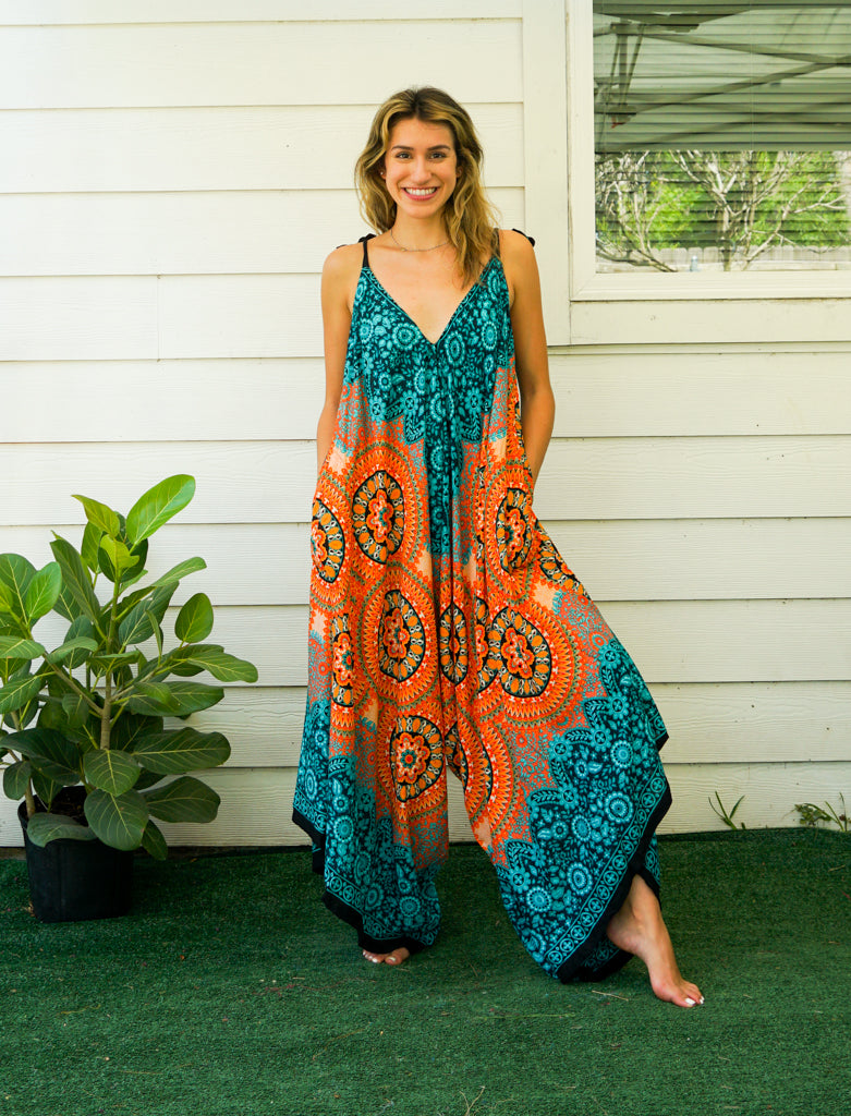 Teal Orange Mandala Boho Jumpsuit Rompers Pants with Pockets