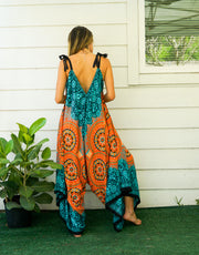 Teal Orange Mandala Boho Jumpsuit Rompers Pants with Pockets