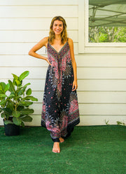 Black Peacock Paisley Boho Jumpsuit Rompers Pants with Pockets