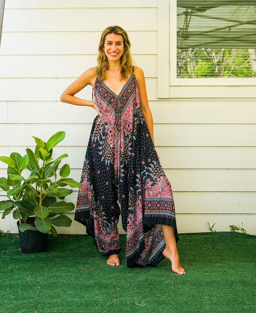 Black Peacock Paisley Boho Jumpsuit Rompers Pants with Pockets