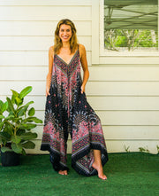 Black Peacock Paisley Boho Jumpsuit Rompers Pants with Pockets