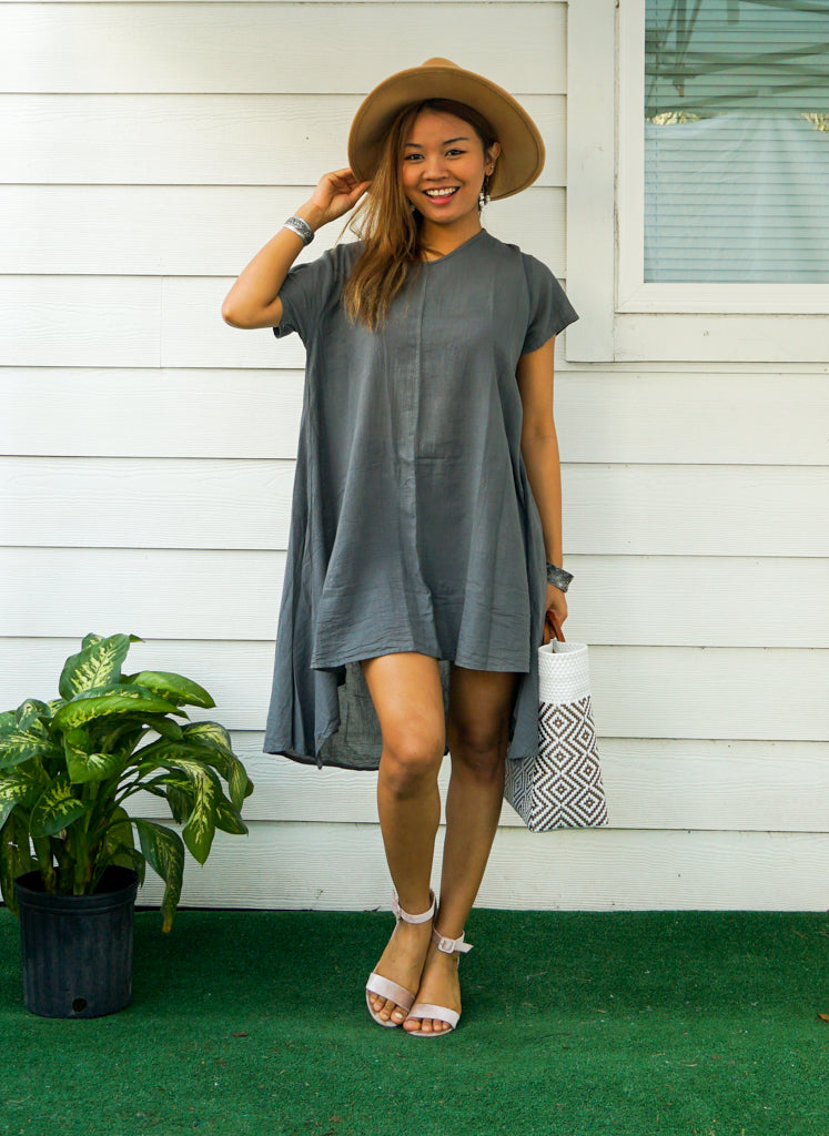 Gray Raw Natural Cotton Gauze Asymmetrical Maxi Dress