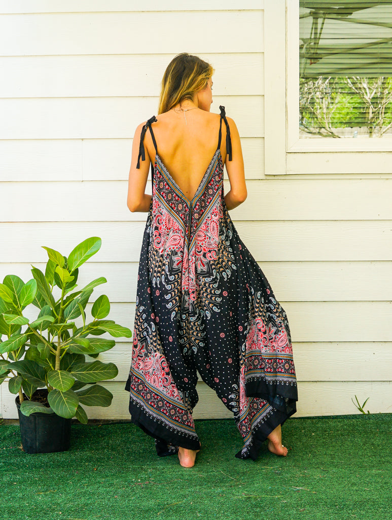 Black Peacock Paisley Boho Jumpsuit Rompers Pants with Pockets