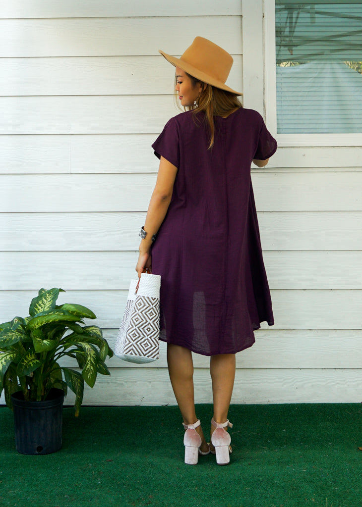 Purple Plum Raw Natural Cotton Gauze Asymmetrical Maxi Dress