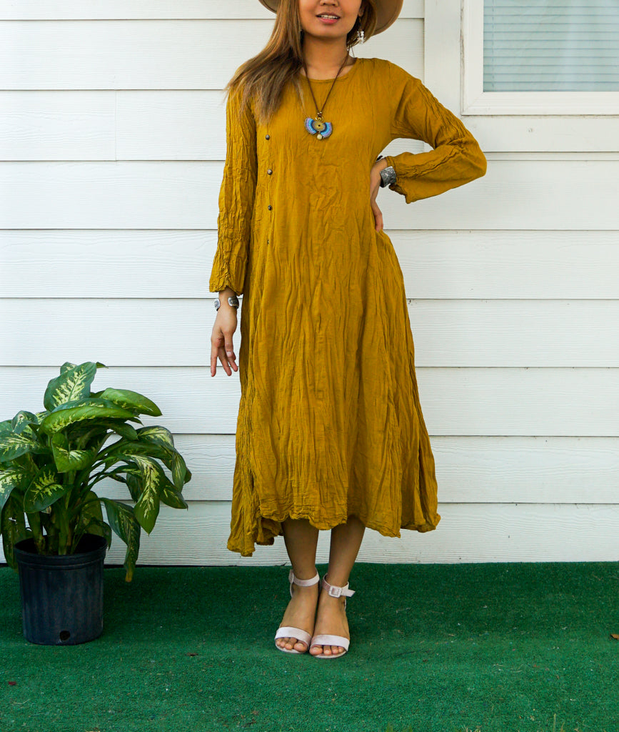 Mustard Yellow Raw Natural Crinkled Cotton Dress
