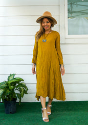 Mustard Yellow Raw Natural Crinkled Cotton Dress