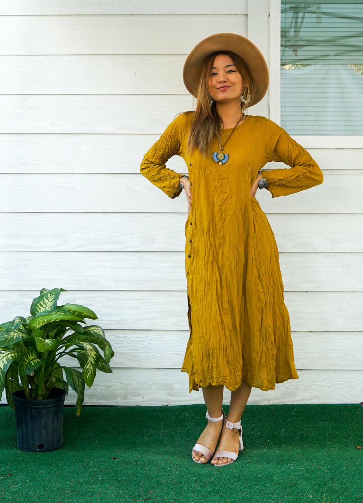 Mustard Yellow Raw Natural Crinkled Cotton Dress