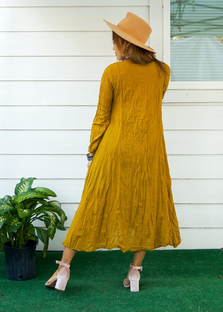 Mustard Yellow Raw Natural Crinkled Cotton Dress