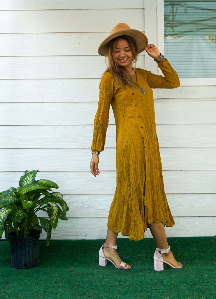 Mustard Yellow Raw Natural Crinkled Cotton Dress