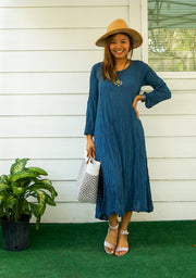 Teal Blue Raw Natural Crinkled Cotton Dress