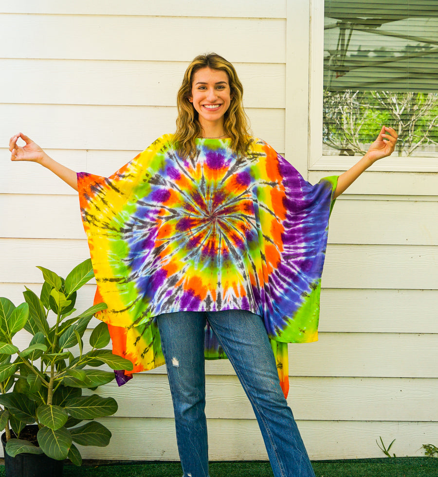 Rainbow Radiance Hand Dyed Poncho Tunic Kaftan Blouse Oversize Top