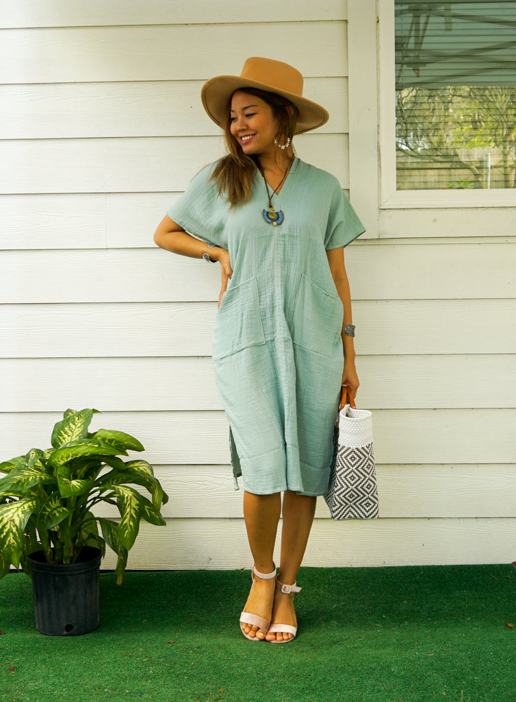 Mint Double Gauzed Muslin Cotton Dress with Pockets