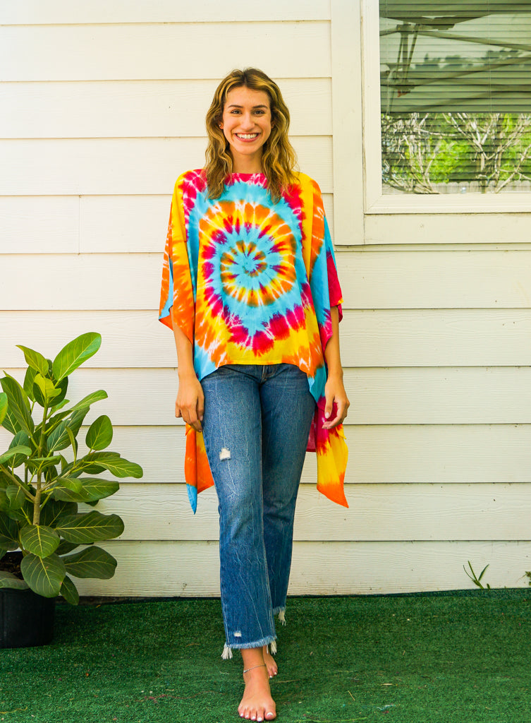 Sunburst Spiral Hand Dyed Poncho Tunic Kaftan Blouse Oversize Top