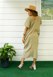 Brown Double Gauzed Muslin Cotton Dress with Pockets