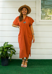 Rust Double Gauzed Muslin Cotton Dress with Pockets