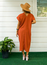 Rust Double Gauzed Muslin Cotton Dress with Pockets