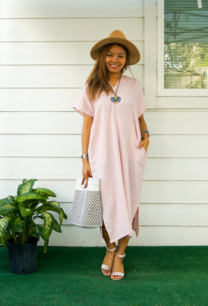 Soft Pink Double Gauzed Muslin Cotton Dress with Pockets