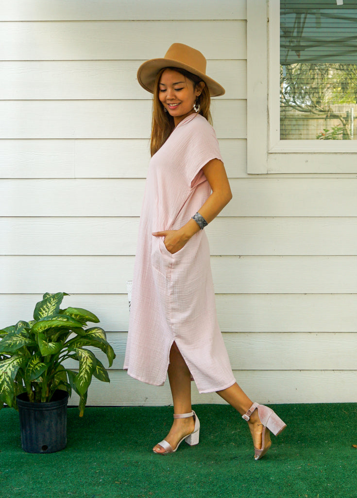 Soft Pink Double Gauzed Muslin Cotton Dress with Pockets