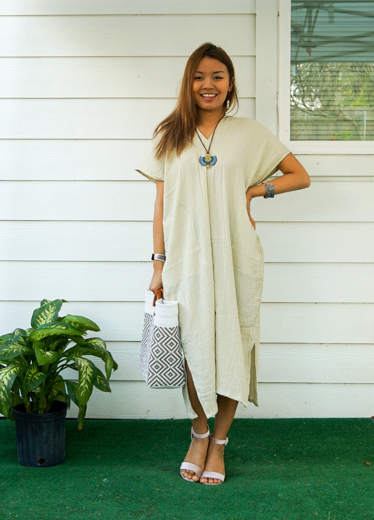 Soft Green Double Gauzed Muslin Cotton Dress with Pockets