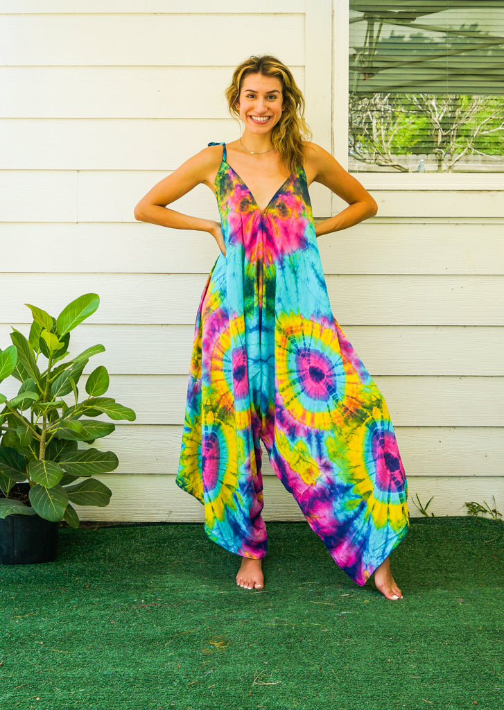 J77- Hand Dyed Wide Leg Boho Hippie Jumpsuits Rompers Pants with Pockets