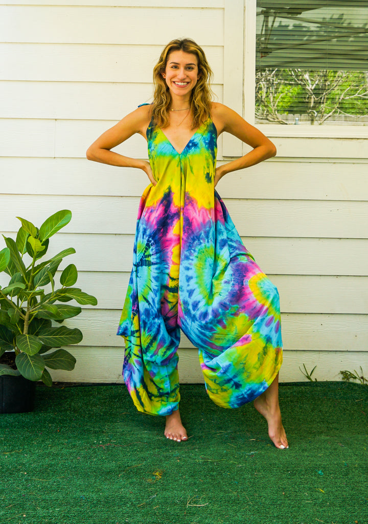 J81- Hand Dyed Wide Leg Boho Hippie Jumpsuits Rompers Pants with Pockets