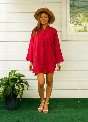 Dark Red Soft Double Gauze Cotton Shirtdress with Pockets