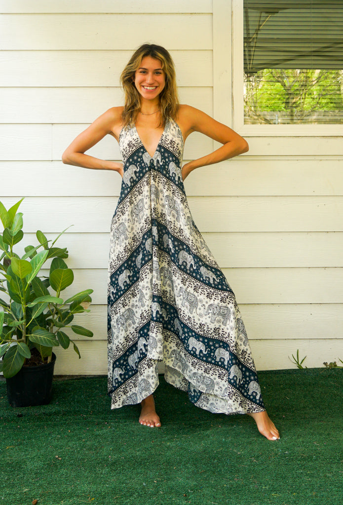 Green Cute Elephant Goddess Maxi Dress