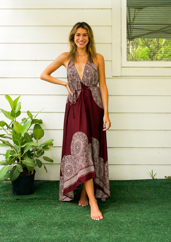 Burgundy Mandala Goddess Maxi Dress