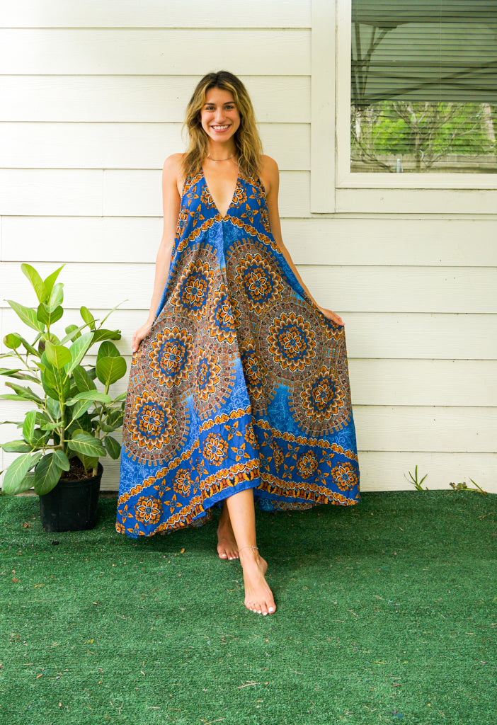 Pacific Blue Psychedelic Mandala Goddess Maxi Dress