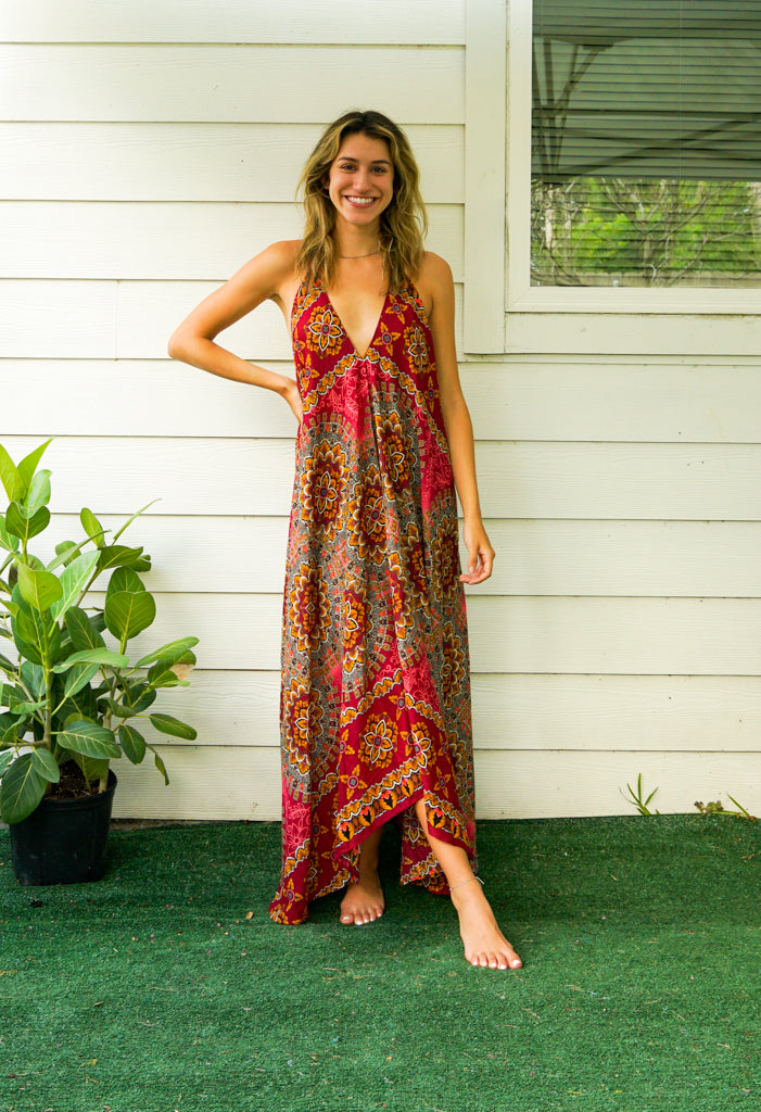 Burgundy Psychedelic Mandala Goddess Maxi Dress