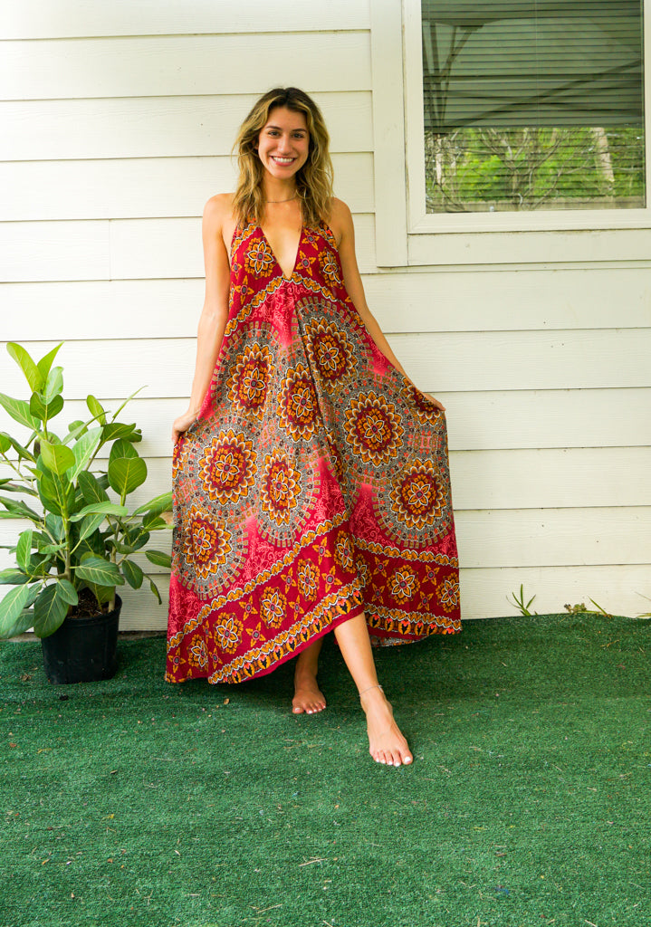 Burgundy Psychedelic Mandala Goddess Maxi Dress