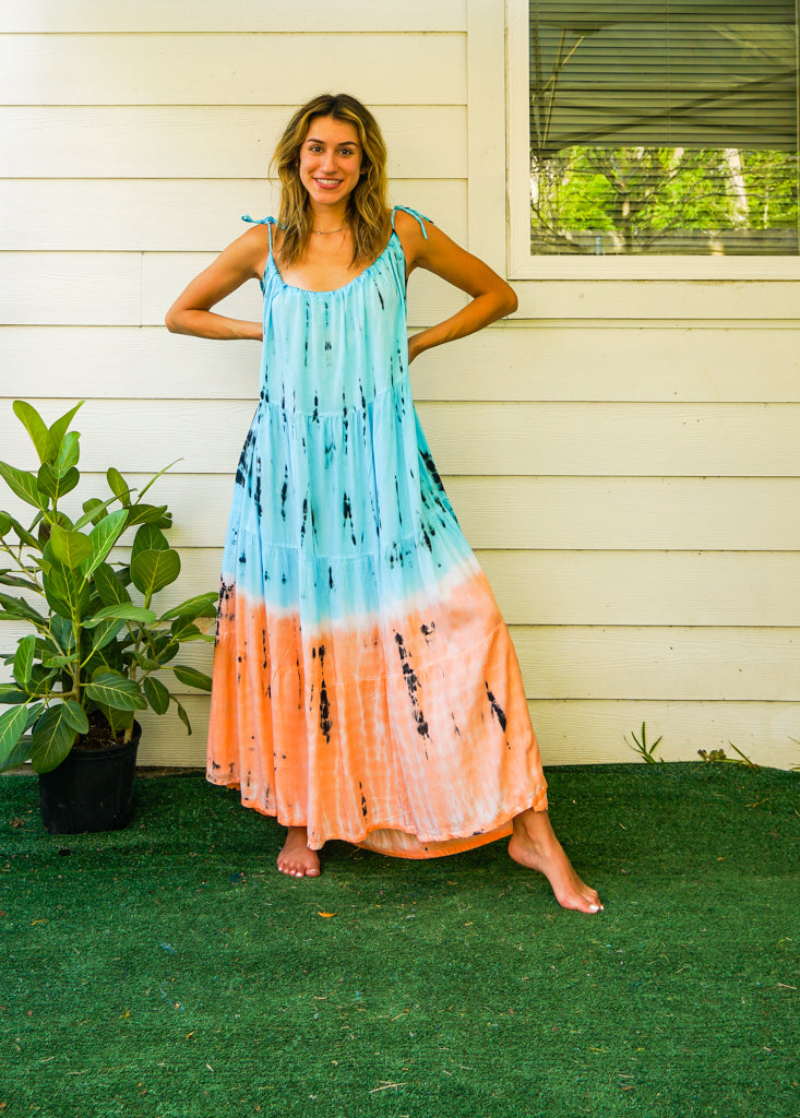 S4085- Blue Orange Ocean Swirl Tie Dye Tiered Maxi Dress