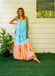 S4085- Blue Orange Ocean Swirl Tie Dye Tiered Maxi Dress