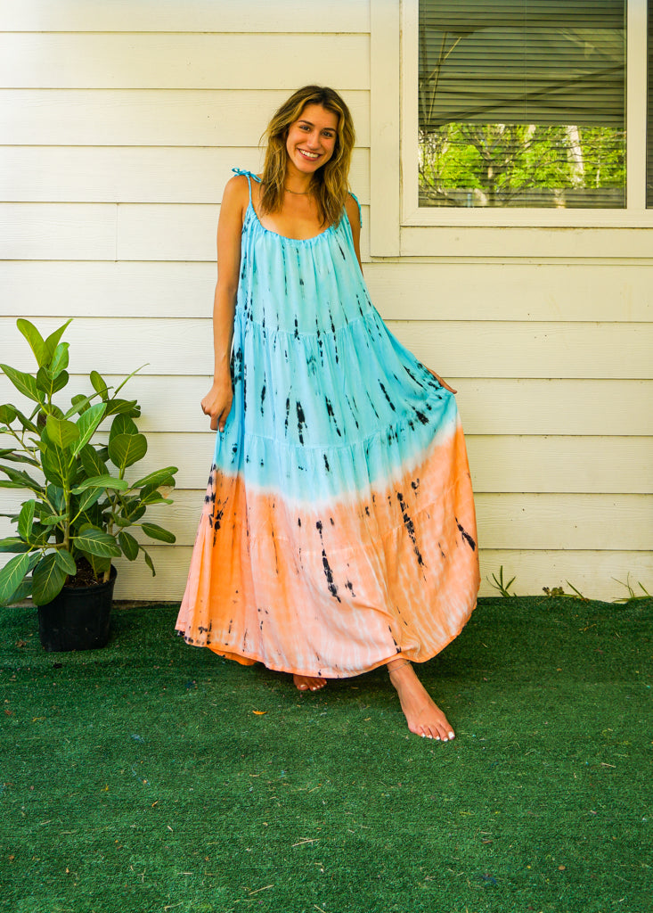 S4085- Blue Orange Ocean Swirl Tie Dye Tiered Maxi Dress