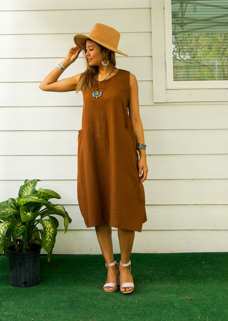 Brown Organic Cotton Wrap Dress with Pockets