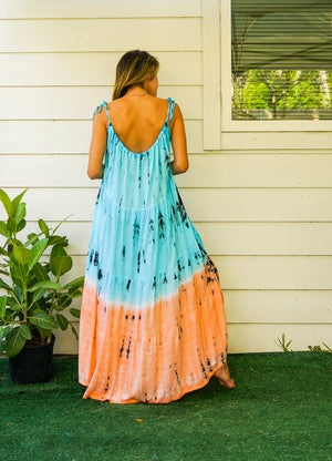 S4085- Blue Orange Ocean Swirl Tie Dye Tiered Maxi Dress