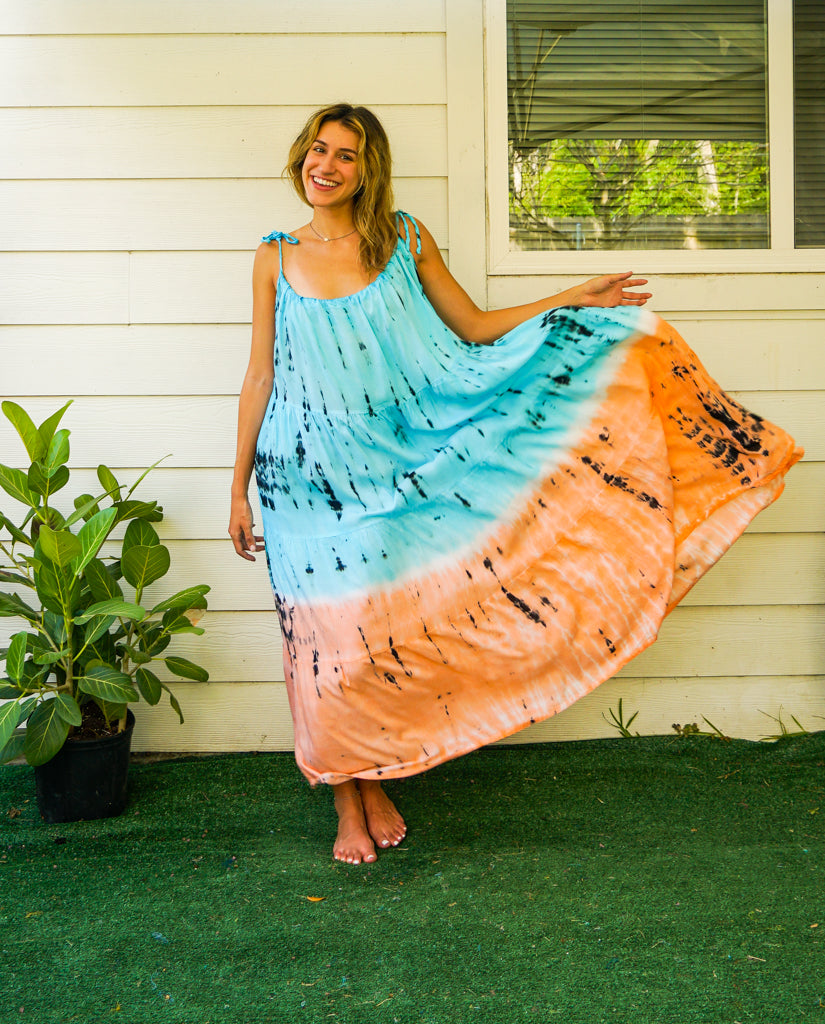 S4085- Blue Orange Ocean Swirl Tie Dye Tiered Maxi Dress