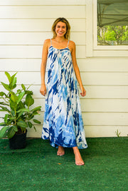 S4087- Blue Indigo Shibori Tie Dye Tiered Maxi Dress