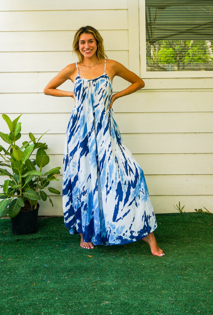 S4087- Blue Indigo Shibori Tie Dye Tiered Maxi Dress