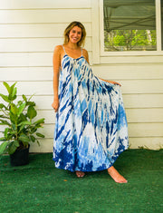 S4087- Blue Indigo Shibori Tie Dye Tiered Maxi Dress