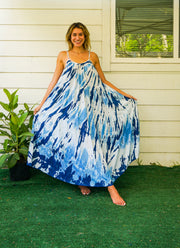 S4087- Blue Indigo Shibori Tie Dye Tiered Maxi Dress