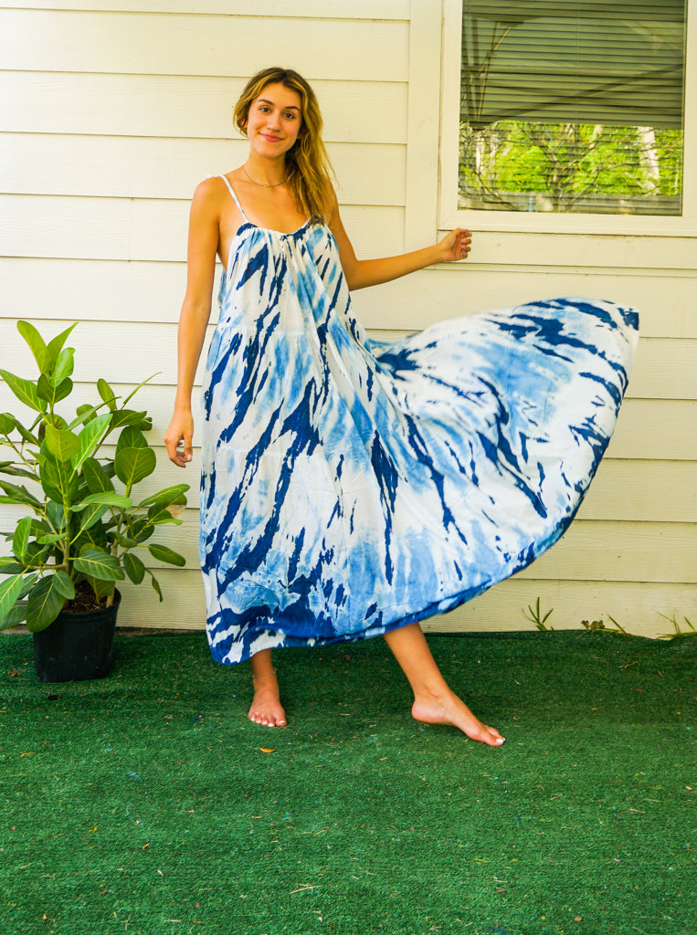 S4087- Blue Indigo Shibori Tie Dye Tiered Maxi Dress