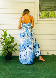 S4087- Blue Indigo Shibori Tie Dye Tiered Maxi Dress