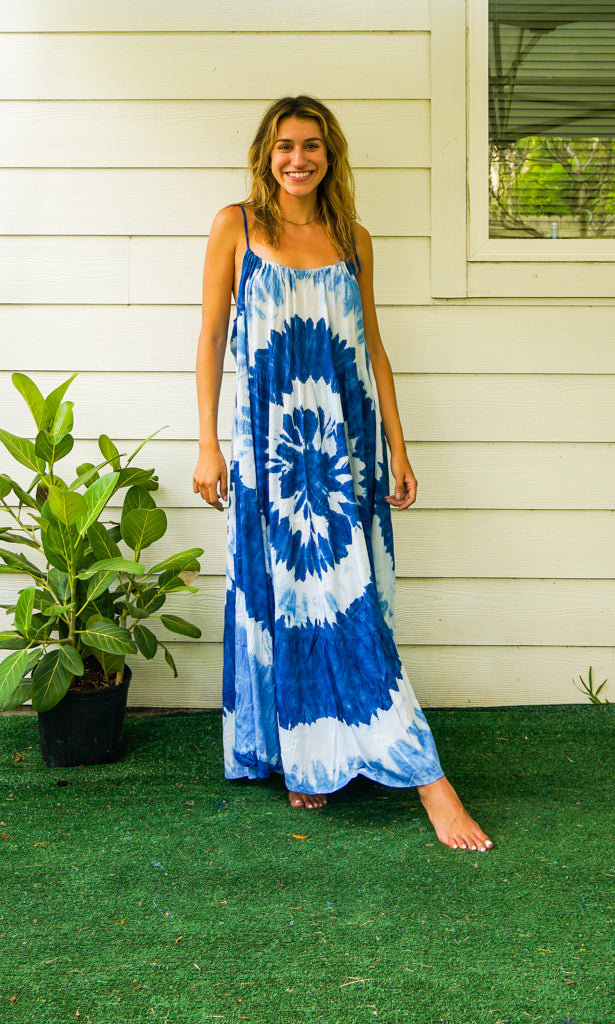 S4098- Blue Ocean Swirl Tie Dye Tiered Maxi Dress