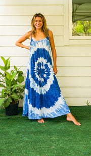 S4098- Blue Ocean Swirl Tie Dye Tiered Maxi Dress