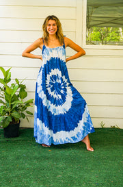 S4098- Blue Ocean Swirl Tie Dye Tiered Maxi Dress