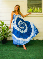 S4098- Blue Ocean Swirl Tie Dye Tiered Maxi Dress